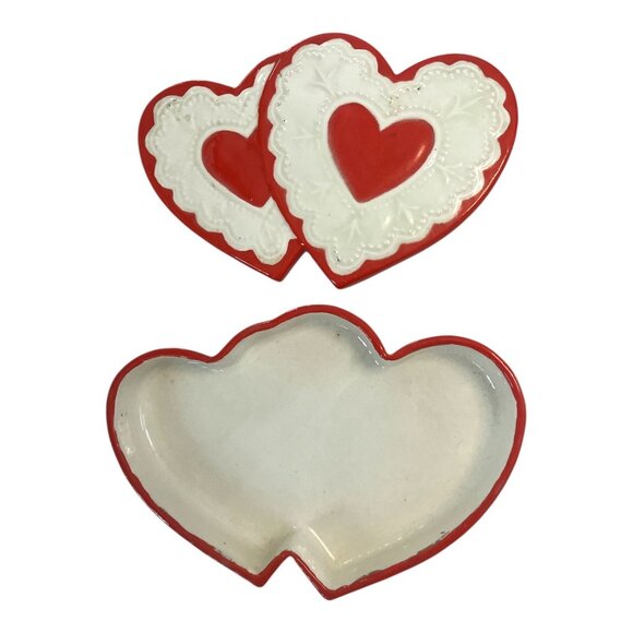Vintage Double Heart Ceramic Trinket Box | Red & White | 1990s Valentine Keepsak - Picture 4 of 6